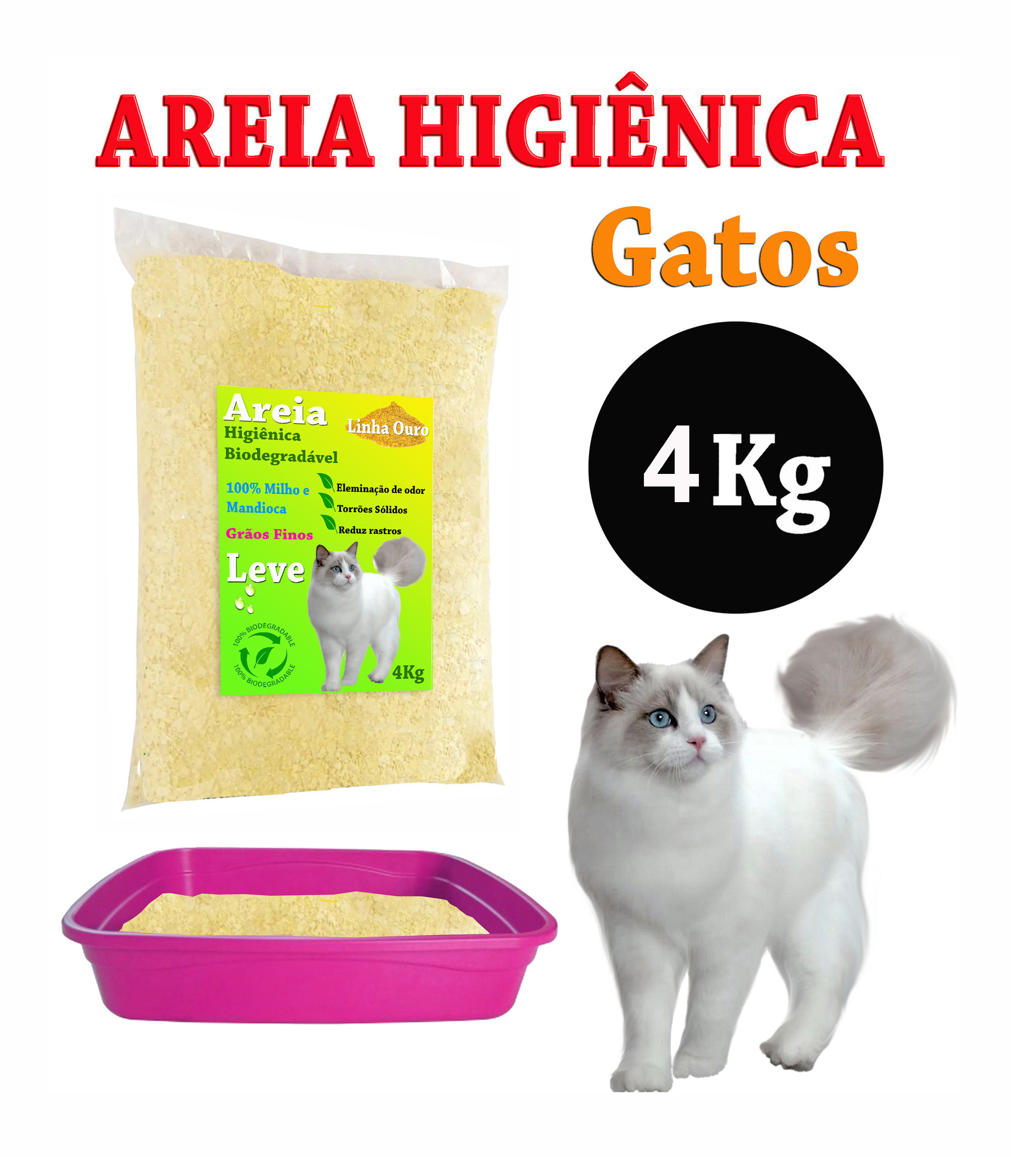 Areia-natural-biodegradavel-leve-economica-para-gatos-linha-ouro fina 4kg